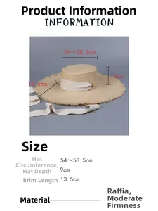 Detailed sizing chart for raffia straw sun hat with 13.5cm wide brim for sun protection