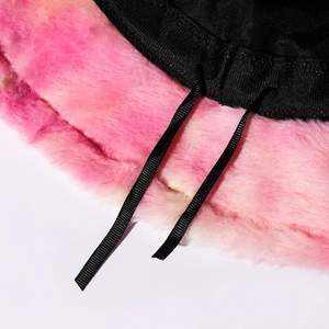 Pink and white tie-dye plush bucket hat with soft faux fur texture and adjustable straps