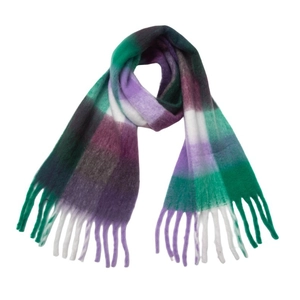 Close-up of thick tassels and soft plaid texture on winter scarf in dark green and purple