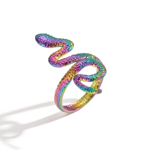 Macro view of iridescent snake ring showing detailed scale texture and colorful finish