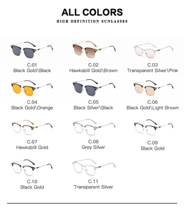 Matrix display of eleven retro clubmaster sunglasses in various lens and frame colors