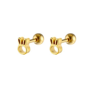 Close-up of golden bunny-shaped stainless steel stud earring with screw back detail