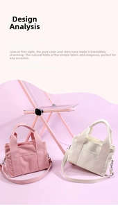 Detail of pink and off-white canvas tote bags with adjustable straps and front pocket