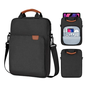 Detail showing inner multi-pocket organization with iPad, phone, and cables in the bag