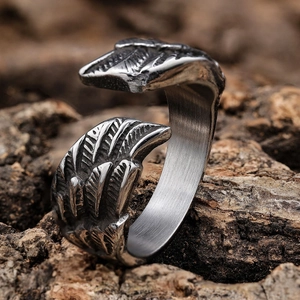 Vintage oxidized stainless steel angel wing open ring with detailed feather texture