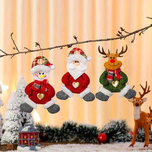 Three-piece Christmas fabric plush hanging ornaments featuring Santa, snowman, and reindeer