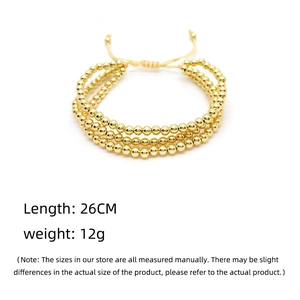 Three-layer gold-plated beaded bracelet with adjustable drawstring closure and 26cm length