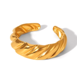 Close-up of golden twisted texture ring showing its 3D spiral structure and metallic finish