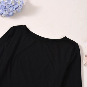 Close-up of black knitted neckline on long sleeve top with fine stitching details