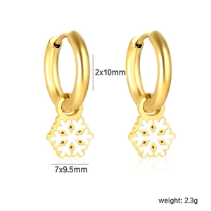 Golden stainless steel snowflake earrings with white enamel charms and size specifications