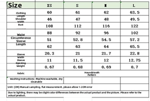 Tableau des tailles détaillé pour veste pied-de-poule avec mesures de poitrine