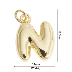 Detailed view of gold balloon letter N pendant with precise size and weight measurements