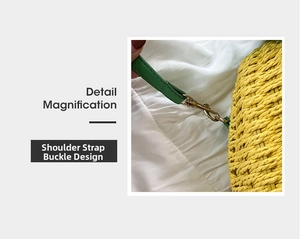Detail of green leather strap with golden metal lobster clasp on yellow woven bag
