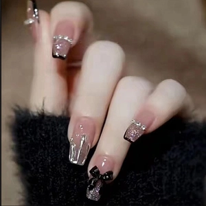 Press On Nails Long Coffin Shape 3D Black Bow Rhinestone Decor Pink Black Gradient Silver Glitter French Style Fake Nails