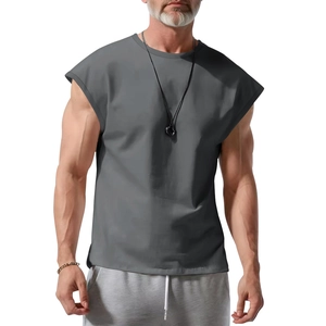 Sleeveless men's casual t-shirt in dark grey cotton, loose fit and round neck style