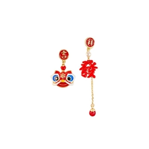 Asymmetric lion dance earrings in red and gold with auspicious Chinese characters