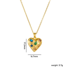 Gold heart necklace with colorful gems, 17.2mm pendant showing size and weight details