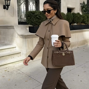 Elegant khaki wool blend cape coat with single-breasted closure and belted waist design