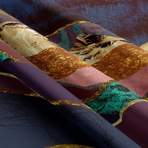 Detail of artistic mountain landscape tapestry with gold lines and marble texture