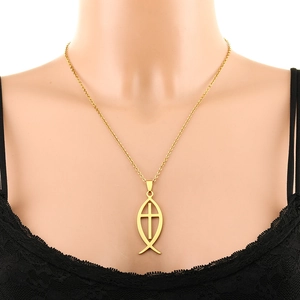 Golden Ichthys fish cross pendant necklace displayed on a female model neck