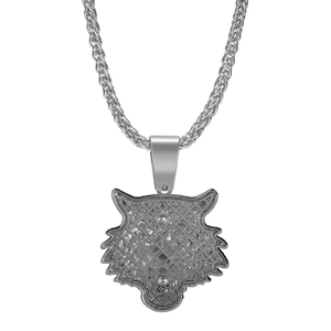 Detailed back view of silver alloy wolf head pendant with textured mesh design on chain
