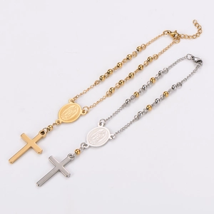 Bracciale minimalista in acciaio inox con ciondolo ovale Vergine Maria e croce