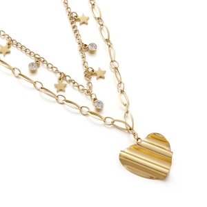 Double-layered gold titanium steel necklace with wave texture heart and star charms