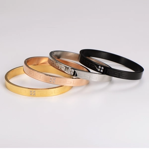 Stainless Steel Bangle Bracelet With Meander Pattern And Rhinestones Polished Trendy Geometric Jewelry For Women Men