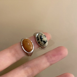 Vintage oval stone open rings with yellow and marble patterns on silver bands