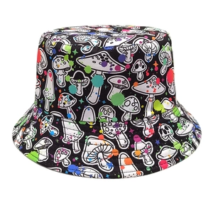 Retro Mushroom Print Bucket Hat Polyester Colorful Graffiti Double Sided Sun Protection Outdoor Street Fisherman Cap