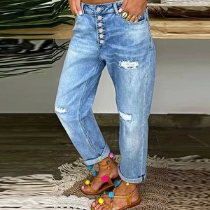 Jean En Denim De Coton Déchiré Pour Femme Jambe Droite Bleu Clair Usé Multi Boutons Casual Streetwear Pantalon
