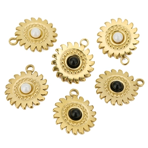 Golden sunflower pearl charms with white and black centers for DIY jewelry making