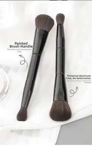 Detail of dual-ended makeup brushes with soft bristles and premium black lacquer handles