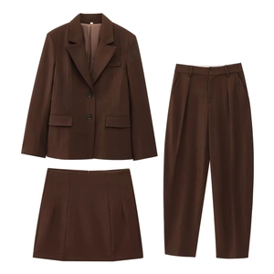 Women Blazer Wide Leg Pants And Mini Skirt Suit Dark Brown Polyester Casual Professional Streetwear Office Wear
