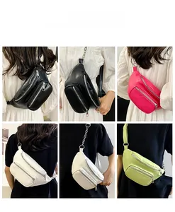 Detail view of stylish multi-pocket PU leather chest bags with chain straps in multiple colors