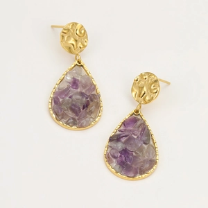 Water-drop purple natural stone earrings with gold hammered round studs for women