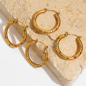 Fashionable gold stainless steel hoop earrings with colorful and white rhinestones