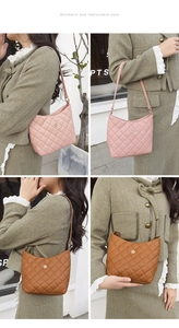 Quilted bucket bag with golden flower badge shown in pink and caramel brown on models