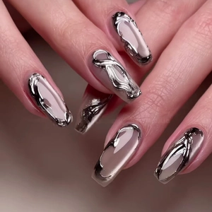 Silver Metallic Cat Eye Press On Nails Long Coffin Liquid Metal 3D Texture Mauve Pink False Nails For Women