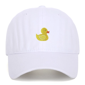 Close-up of cute yellow duck embroidery on white cotton twill baseball cap