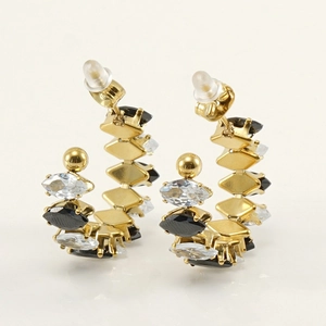 Pendientes en C de acero bañados en oro 18K con circonitas marquise negras y claras