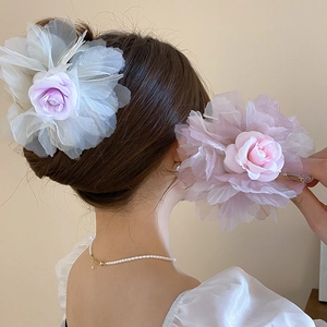 Grande Pince À Cheveux Fleur Élégante En Tissu Mousseline Organza Épingle Florale Avec Fausse Künstliche Perle Style Coréen Doux Pour Femmes