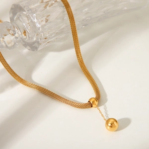 18K gold plated stainless steel mesh chain necklace with minimalist ball pendant