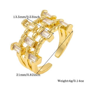 Detailed view of gold copper ring with zircon inlay showing 13.5mm width and 4g weight