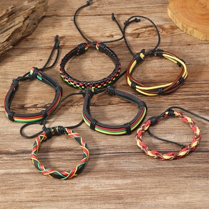 Set of 6 casual leather braided bracelets in red, yellow, green and black tones