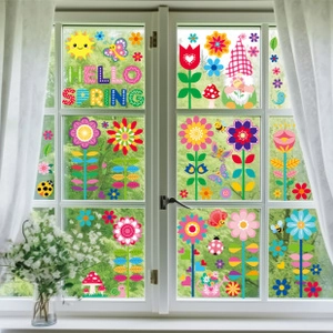 Spring window stickers set with flower, butterfly and gnome on bright glass background