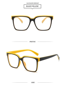 Front and side view of square TR90 black and yellow frames with anti-blue light lenses