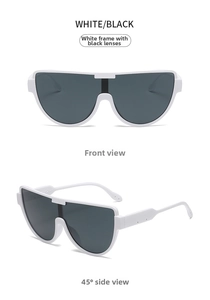 Front and 45-degree side view of white frame oversized sunglasses with grey lenses