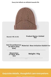 Size guide for distressed knit beanie with detailed measurements and warm rabbit hair material