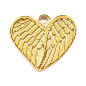 Polished 18k gold plated 304 stainless steel heart pendant with carved wing texture